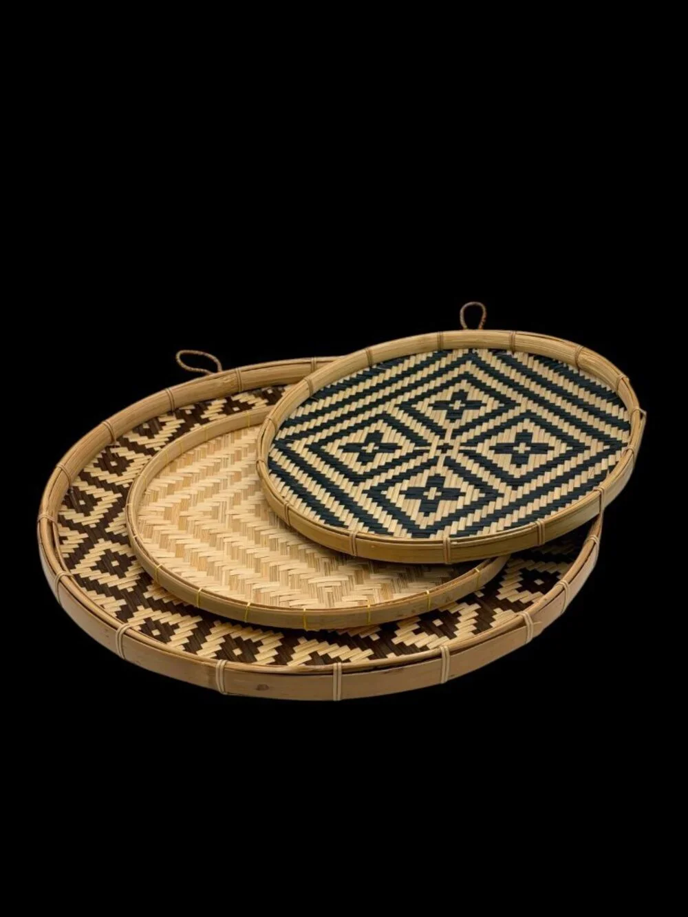 Set of 3 Handwoven Bamboo Wall Baskets Trays Boho Tribal Farmhouse Decor